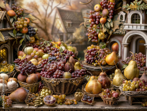 A whimsical scene of a tiny marketplace filled with miniature baskets of fruits like grapes, pears, and berries, each fruit rendered in perfect detail