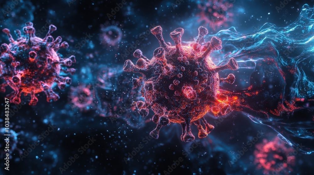Microscopic view of a coronavirus particle Microscopic view of a coronavirus particle