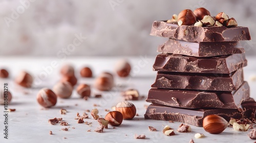 Stacked chocolate bars with nuts on white marble, rich brown colors and textured pieces, scattered hazelnuts in an indulgent dessert close-up with soft lighting and gourmet confectionery appeal. photo