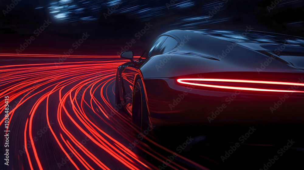 Obraz premium A car that drives very fast on a nighttime road, racing in a night competition of fast cars, a sports car that goes too quickly and leaves red trails behind.