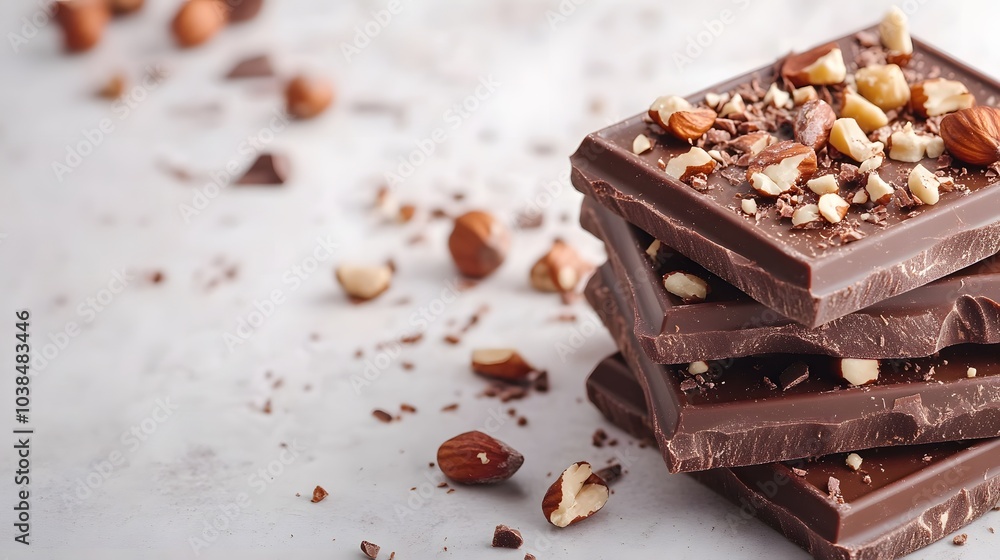 Stacked chocolate bars with nuts on white marble, rich brown colors and textured pieces, scattered hazelnuts in an indulgent dessert close-up with soft lighting and gourmet confectionery appeal. Stacked chocolate bars with nuts on white marble, rich brown colors and textured pieces, scattered hazelnuts in an indulgent dessert close-up with soft lighting and gourmet confectionery appeal.