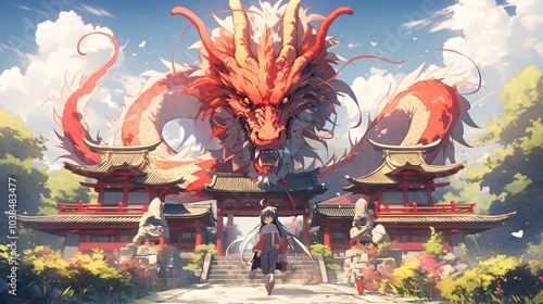 Temple guarded by dragons, colorful anime style photo