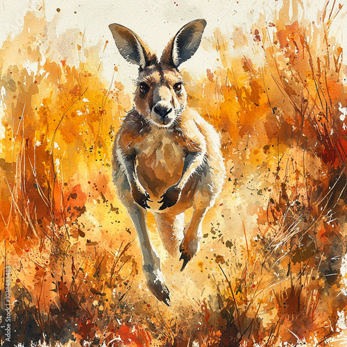 A colorful watercolor of a kangaroo in motion with a vibrant outback-inspired background. photo