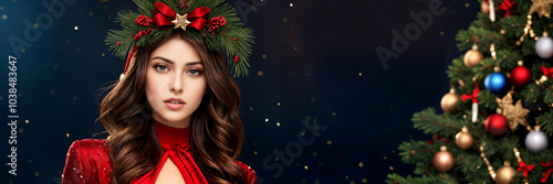 Glamorous Christmas holiday banner featuring confident sex-star girl in chic holiday outfit with subtle accessories, evoking festive elegance and sophisticated holiday spirit for seasonal designs