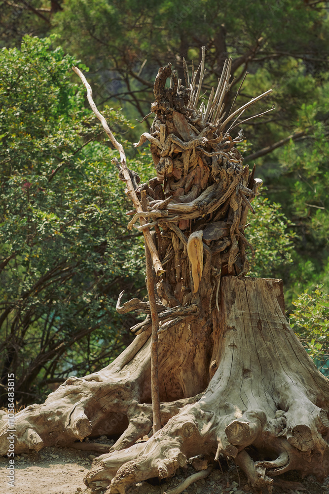 A detailed driftwood sculpture built on a tree stump, set in the natural surroundings of Goynuk Canyon, Turkey. Ideal for promoting eco-art, nature-based sculptures, and outdoor art exhibitions. A detailed driftwood sculpture built on a tree stump, set in the natural surroundings of Goynuk Canyon, Turkey. Ideal for promoting eco-art, nature-based sculptures, and outdoor art exhibitions.