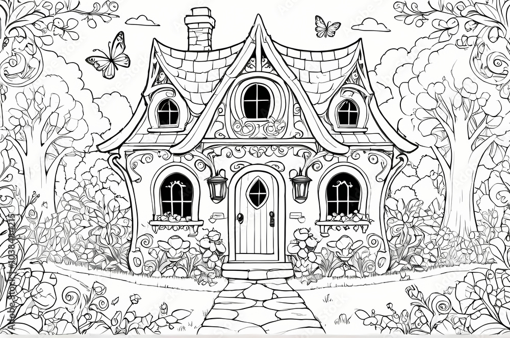 Fototapeta premium Enchanting hand-drawn fairytale cottage