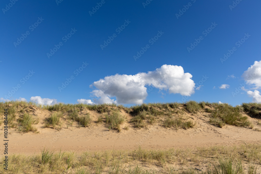 Blue sky and fluffy cloud over empty sand beach dunes Blue sky and fluffy cloud over empty sand beach dunes