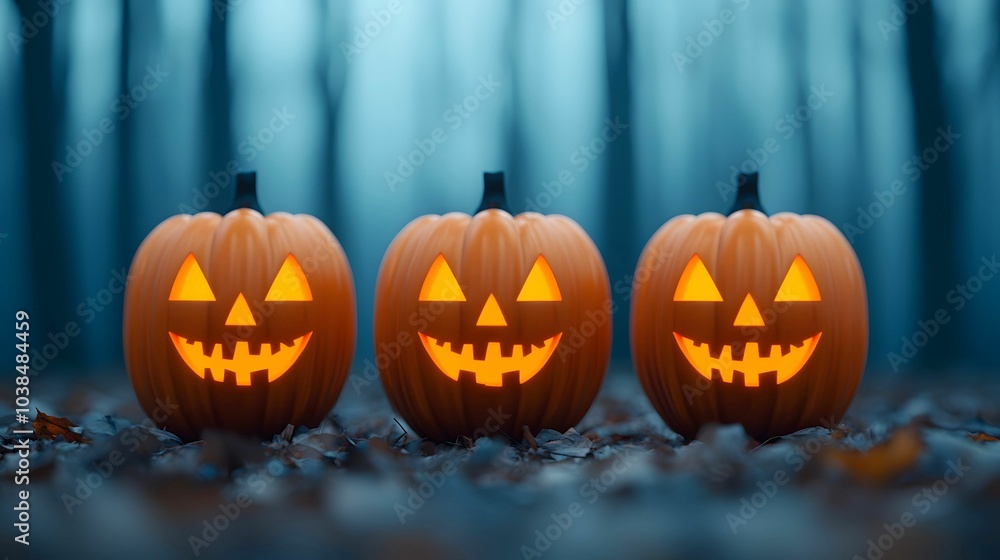 Three glowing jack-o'-lanterns stand in a misty forest, embodying the spooky spirit of Halloween with cheerful, menacing grins. Three glowing jack-o'-lanterns stand in a misty forest, embodying the spooky spirit of Halloween with cheerful, menacing grins.