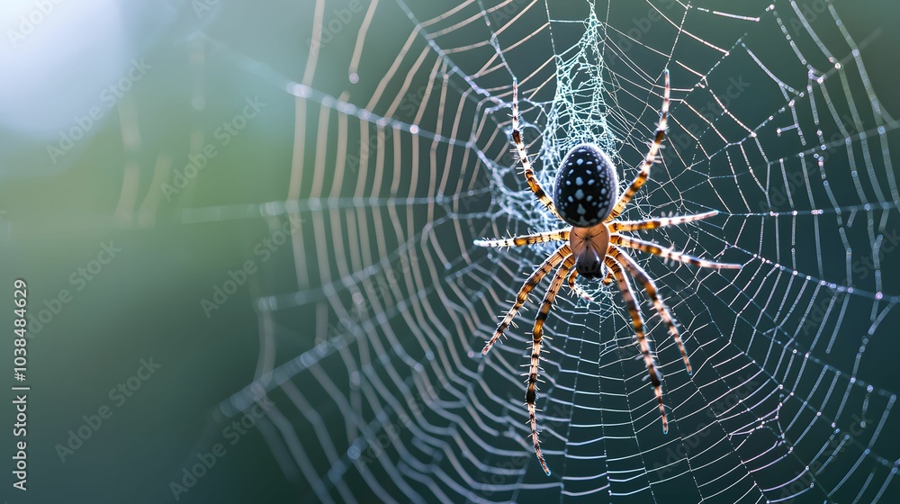 A close-up of a spider weaving its intricate web, showcasing its detailed features and the shimmering strands of silk against a blurred background. A close-up of a spider weaving its intricate web, showcasing its detailed features and the shimmering strands of silk against a blurred background.