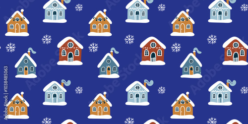 Seamless winter pattern featuring cute houses covered in snow, with smoking chimneys and snow-capped roofs, vector illustration for gift wrapping and holiday projects