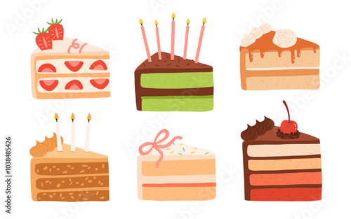 Birthday piece of cake. Different cakes with topping and candles. Brownie, caramel, cherry. strawberry.