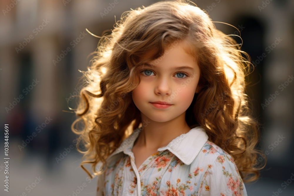 Portrait of a beautiful little girl with curly hair on the street. Portrait of a beautiful little girl with curly hair on the street.