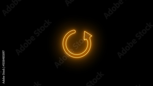 Glowing neon Refresh icon isolated on brick wall background.. `4k