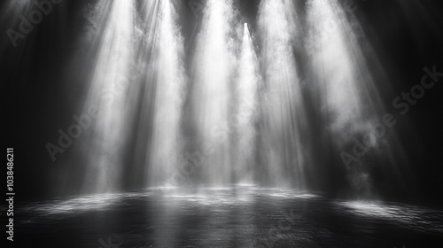 White beams of light cut sharply through fog casting crisp highlights and deep shadows on a dark stage enhancing the minimalist elegance of the setting