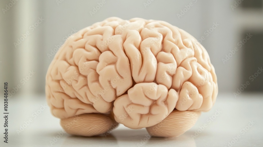Close-up of human brain model with visible tumor, neutral background, soft lighting, medical focus, detailed representation, educational tool for medical professionals and students. Close-up of human brain model with visible tumor, neutral background, soft lighting, medical focus, detailed representation, educational tool for medical professionals and students.