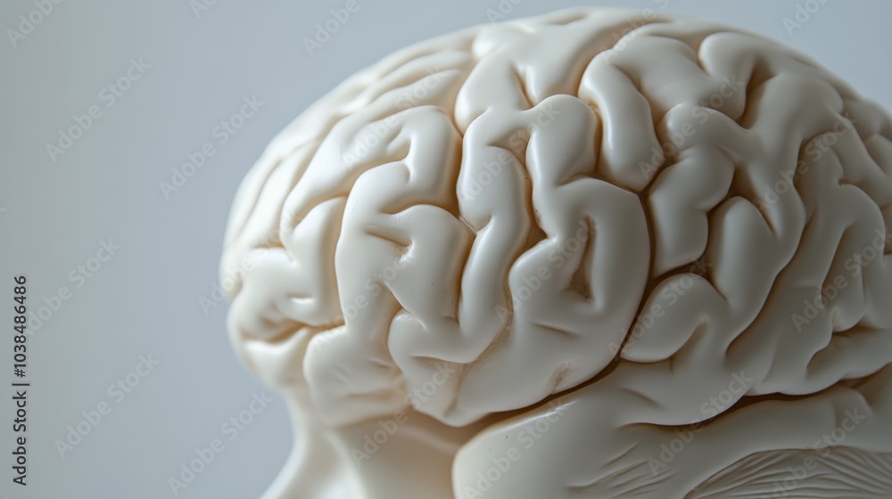 Close-up of human brain model with visible tumor, neutral background, soft lighting, medical focus, detailed representation, educational tool for medical professionals and students. Close-up of human brain model with visible tumor, neutral background, soft lighting, medical focus, detailed representation, educational tool for medical professionals and students.