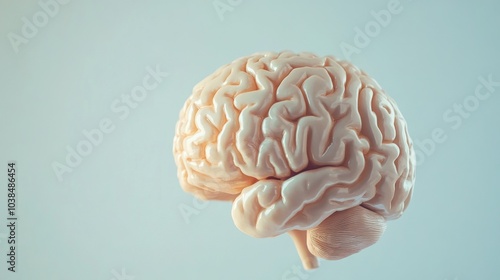 Close-up of human brain model with visible tumor, neutral background, soft lighting, medical focus, detailed representation, educational tool for medical professionals and students.