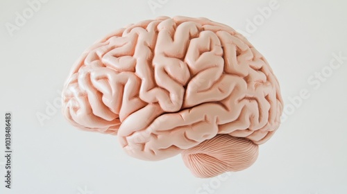 Close-up of human brain model with visible tumor, neutral background, soft lighting, medical focus, detailed representation, educational tool for medical professionals and students.