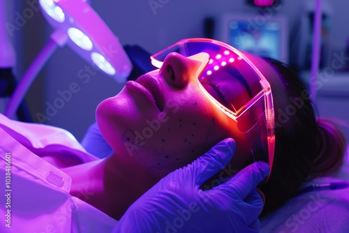 Woman undergoing led light therapy skin treatment in spa