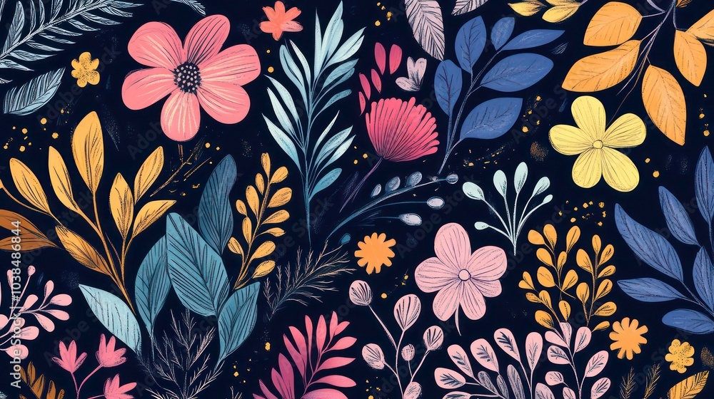 A seamless pattern of colorful flowers and leaves on a dark background. A seamless pattern of colorful flowers and leaves on a dark background.