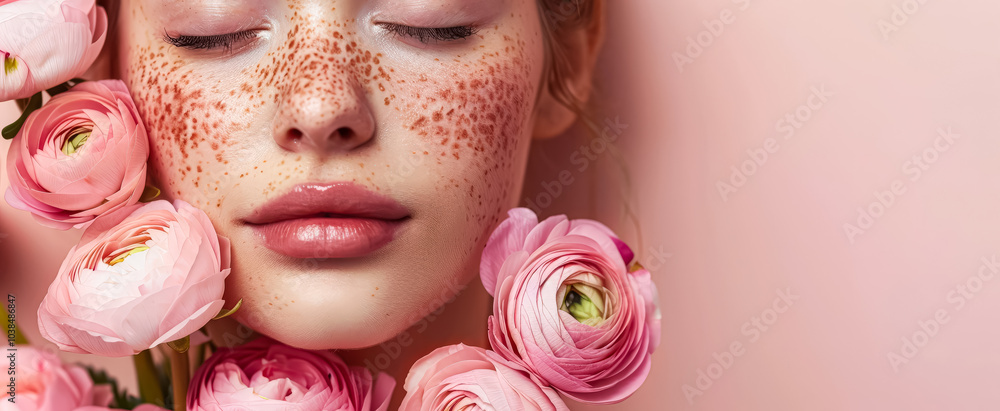 Woman with a flower crown on her head. The flowers are pink and the woman has a rosy complexion Woman with a flower crown on her head. The flowers are pink and the woman has a rosy complexion