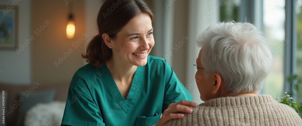 A nurse sits beside an elderly woman, smiling and engaged in a warm conversation, symbolizing care, companionship, and healthcare. The image emphasizes compassion and elder support. A nurse sits beside an elderly woman, smiling and engaged in a warm conversation, symbolizing care, companionship, and healthcare. The image emphasizes compassion and elder support.