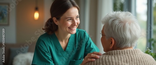 A nurse sits beside an elderly woman, smiling and engaged in a warm conversation, symbolizing care, companionship, and healthcare. The image emphasizes compassion and elder support.