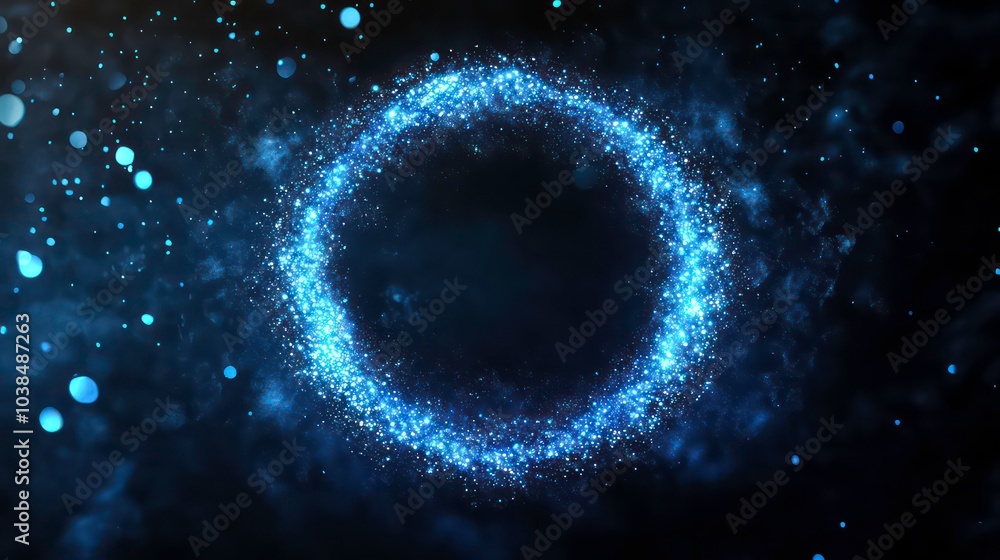 Abstract blue glowing ring on a black background with bokeh effect. Abstract blue glowing ring on a black background with bokeh effect.