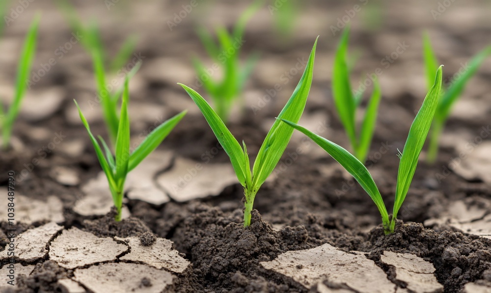 Green shoots emerging from cracked soil, symbolizing growth and resilience. Green shoots emerging from cracked soil, symbolizing growth and resilience.