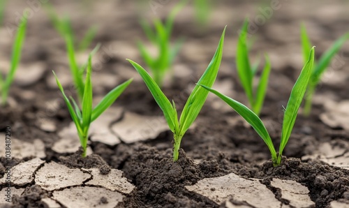 Green shoots emerging from cracked soil, symbolizing growth and resilience.