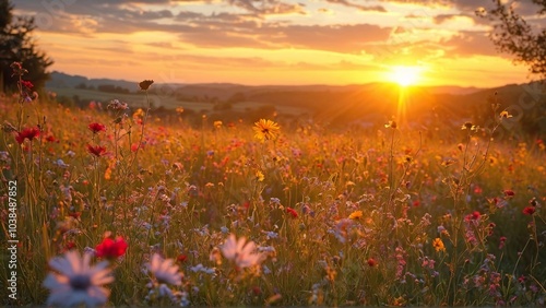 Abstract soft focus sunset field landscape of yellow flowers and grass meadow warm golden 