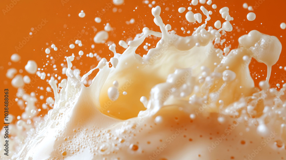 A close-up of a creamy white liquid splashing against an orange background. A close-up of a creamy white liquid splashing against an orange background.