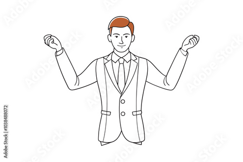  Man in a suit, confidently holding up strings isolated continuous line art flat vector illustration on white background.