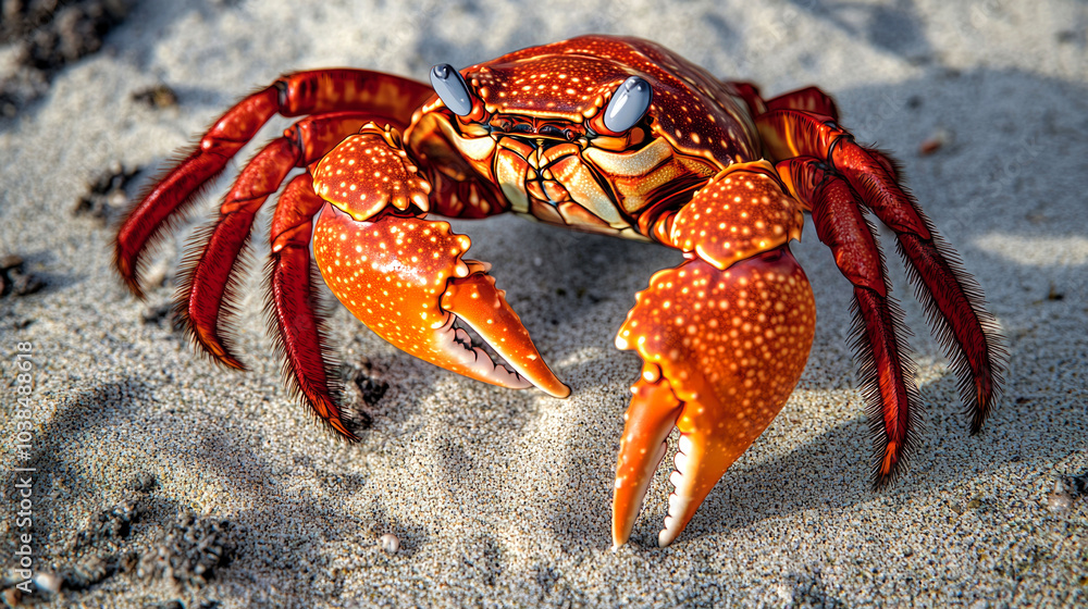 A close-up of a red crab on a sandy beach, facing the camera. A close-up of a red crab on a sandy beach, facing the camera.