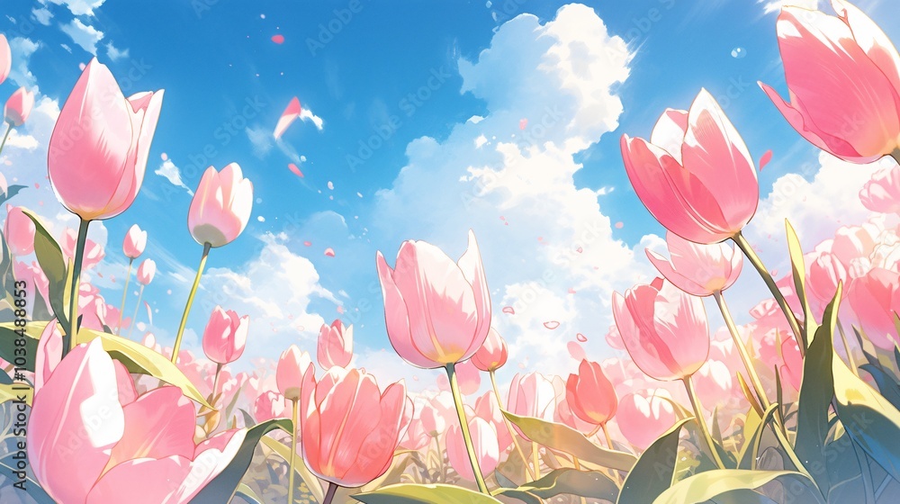 Pink tulips on blue sky background, colorful anime style Pink tulips on blue sky background, colorful anime style