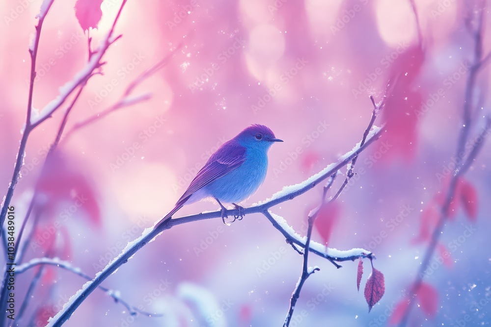 Vibrant winter scene with blue bird on snowy branch Vibrant winter scene with blue bird on snowy branch