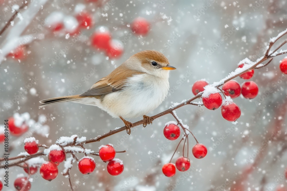 Snowy bird perched on branch with red berries Snowy bird perched on branch with red berries