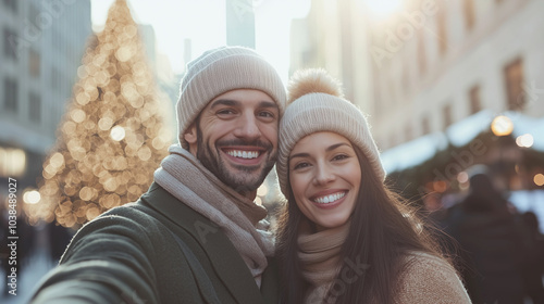 Cheerful Couple Selfie at Rockefeller Center Christmas Tree