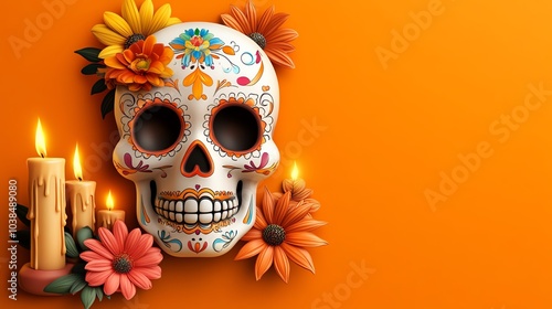 Day of the dead sugar skull with candles and flowers