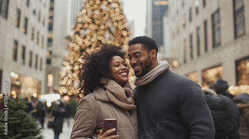 Cheerful Couple Selfie by Rockefeller Center Christmas Tree