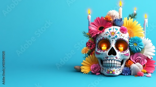 Day of the dead whit space for text, Day of the dead skull with flowers and candles.