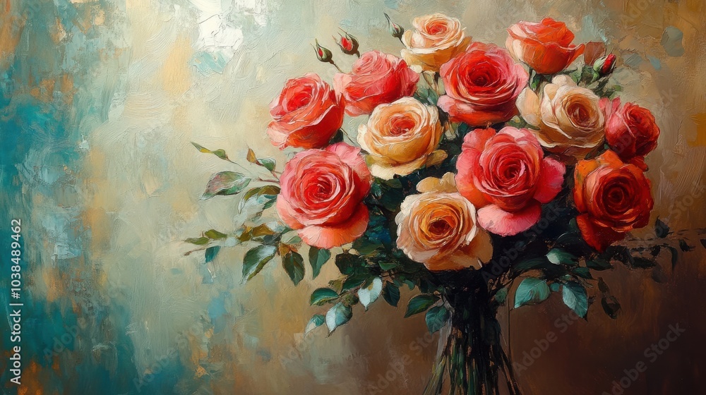 Vibrant bouquet of roses in an impressionistic painting style with rich, warm colors. Vibrant bouquet of roses in an impressionistic painting style with rich, warm colors.
