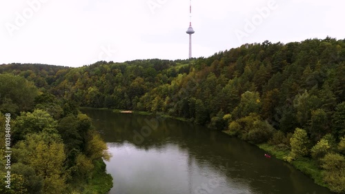 Vilnia River in Vilnius, Lithuania. Top cinematic aerial view. Beautiful nature. Famous city park in Vilnius photo