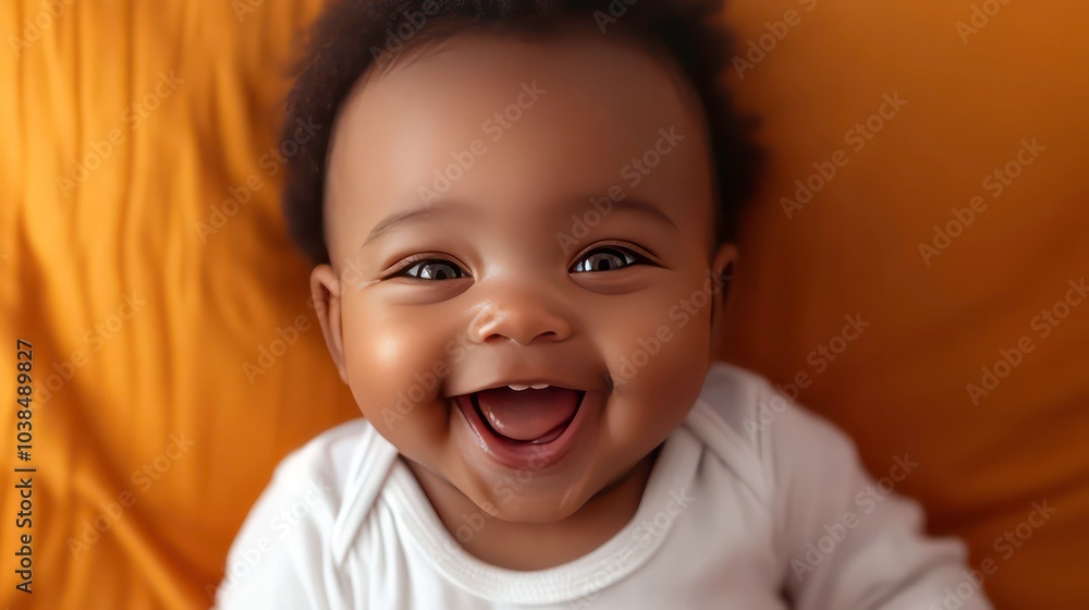 A close-up shot of a smiling baby with brown eyes. The baby is lying on a yellow blanket and is looking up at the camera. The baby's face is bright and happy. A close-up shot of a smiling baby with brown eyes. The baby is lying on a yellow blanket and is looking up at the camera. The baby's face is bright and happy.