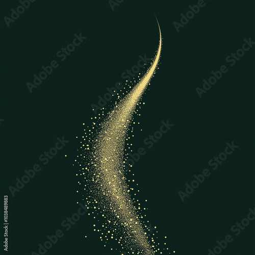 Abstract gold glitter, glowing trail on green background. AI generation.