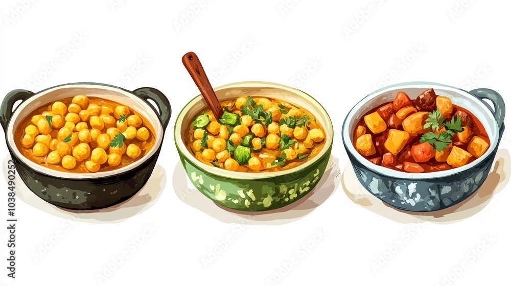 Colorful bowls of chickpeas and vegetables on a white isolate background. Colorful bowls of chickpeas and vegetables on a white isolate background.