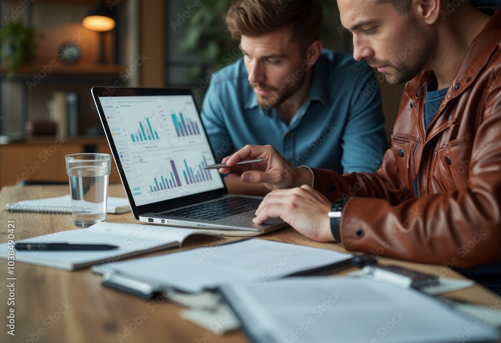 Two men are focused on analyzing financial data on a laptop in a professional setting. The image emphasizes teamwork, business planning, and data analysis. Two men are focused on analyzing financial data on a laptop in a professional setting. The image emphasizes teamwork, business planning, and data analysis.