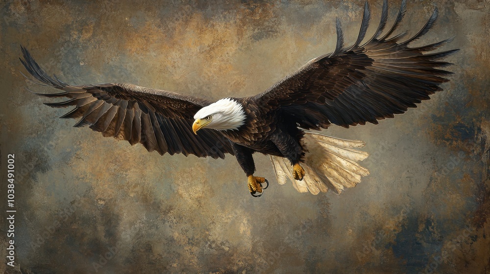 Fototapeta premium A bald eagle in mid-flight, its powerful wings cutting through the air with precision.