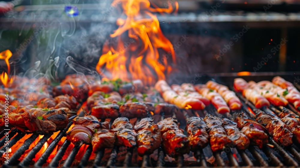 Smoky barbecue grill with delicious food cooking over the flames Smoky barbecue grill with delicious food cooking over the flames