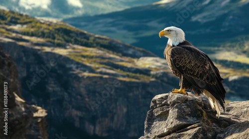 A bald eagle majestically perched on a cliff edge, with a scenic view of the valley below.